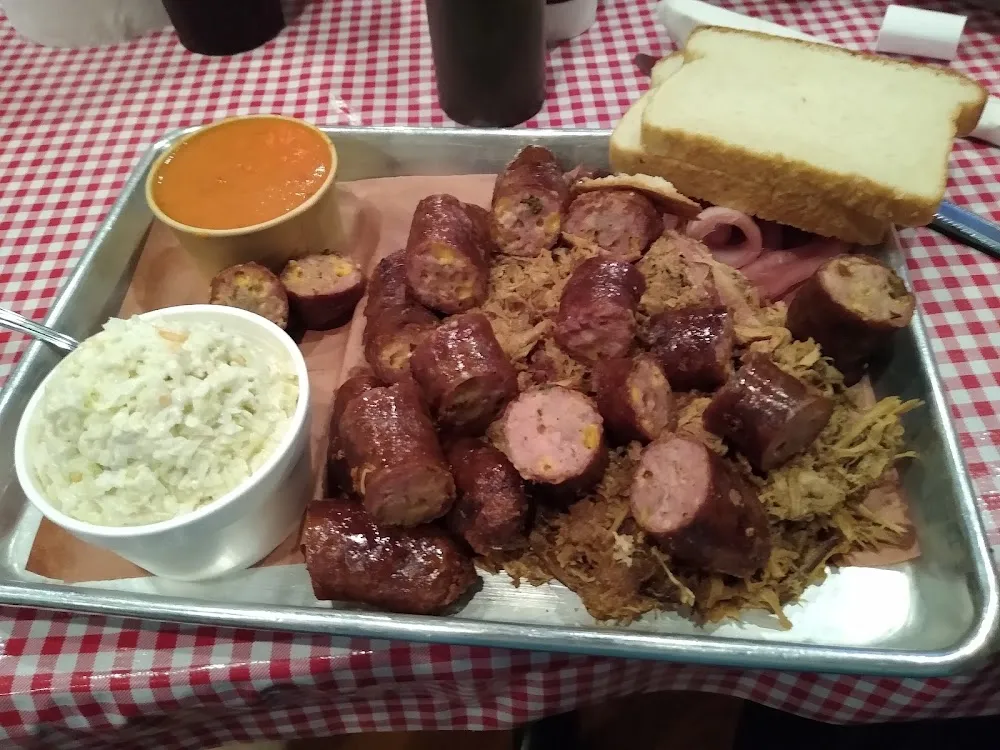 Cheesy Jalapeno Smoked Sausage and Pulled Pork with Blue Cheese Cole Slaw and Tomato Bisque Soup