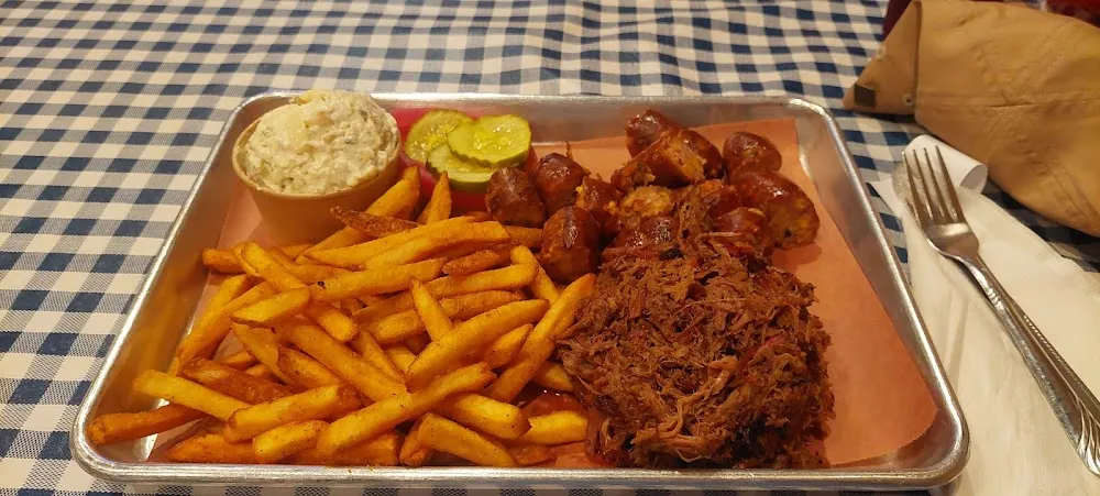 Chopped Brisket and Smoked Sausage with French Fries and Potato Salad