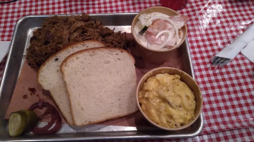 South Carolina BBQ Pulled Pork with Bacon Mac and Cheese and Tomato Cucumber Salad